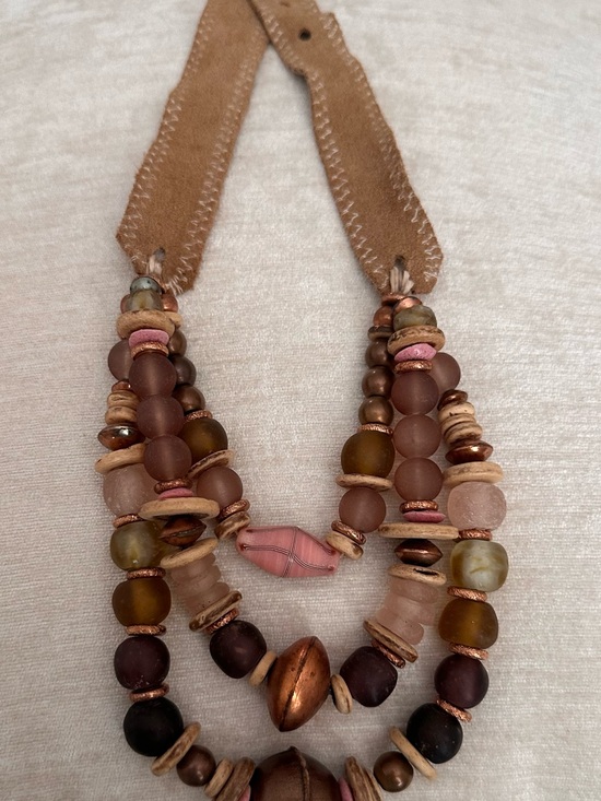 Twine & Twig Jewelry - Earth-Toned Layered Beaded Necklace with Pink Accent